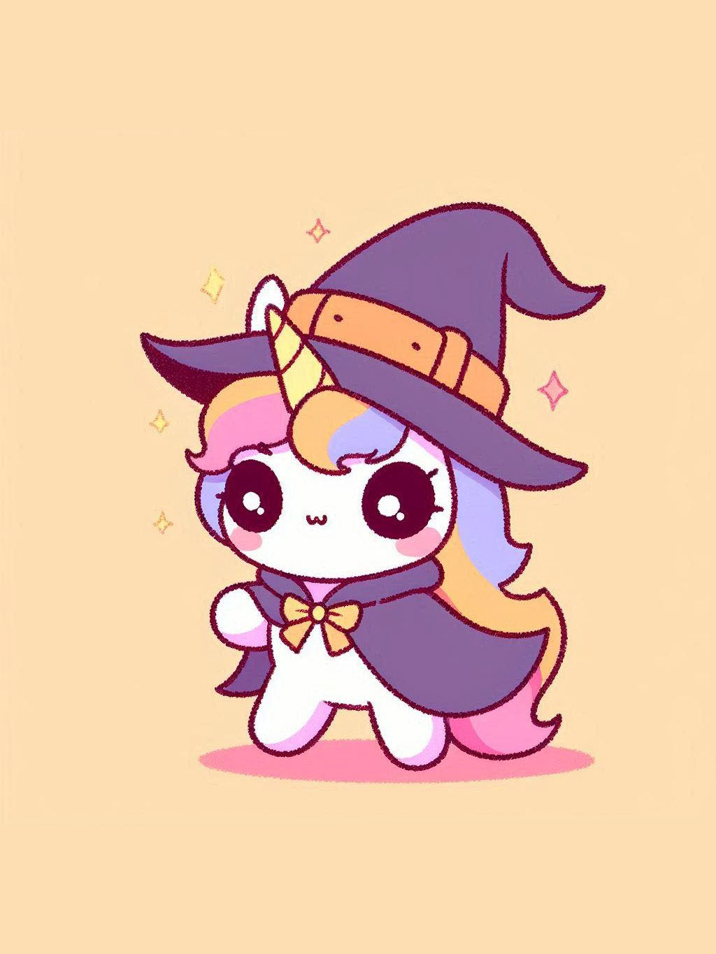 halloween unicorn illustration ideas with a cute unicorn dressed as a witch, wearing a large hat and a cloak, against a simple background.